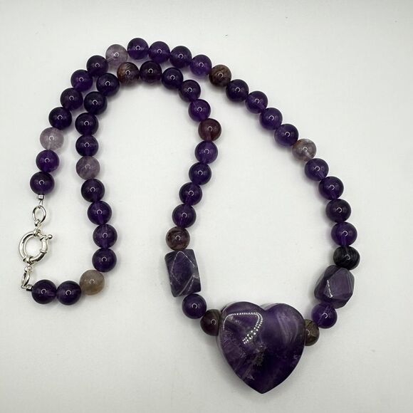 22" of ALL types of Amethyst beads, massive heart pendant necklace, 925 clasp! - Picture 11 of 15